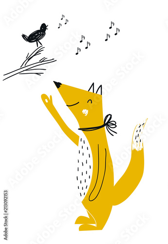 Cute Hand Drawn Nursery Poster With Hungry Red Fox And Bird On A Branch Vector