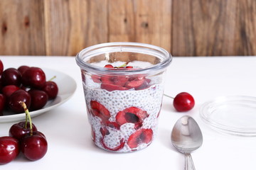 Homemade chia pudding with cherries