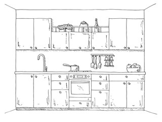 Hand drawn kitchen furniture. Vector illustration in sketch style.