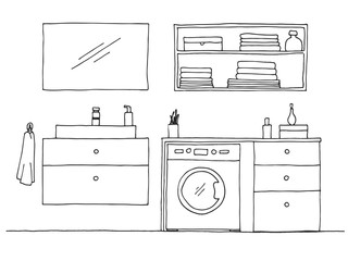 Hand drawn sketch. Linear sketch of an interior. Part of the bathroom. Vector illustration.