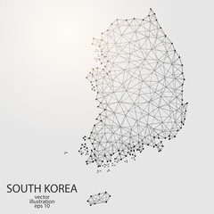 A map of South Korea consisting of 3D triangles, lines, points, and connections. Vector illustration of the EPS 10.