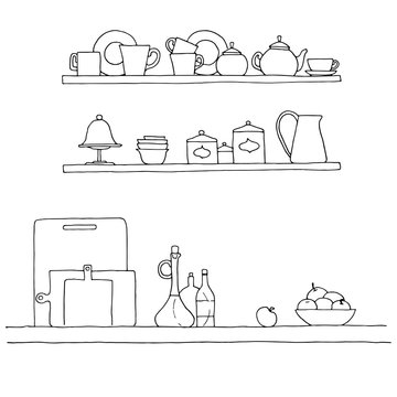 Sketch of shelves with different utensils. Vector illustration.