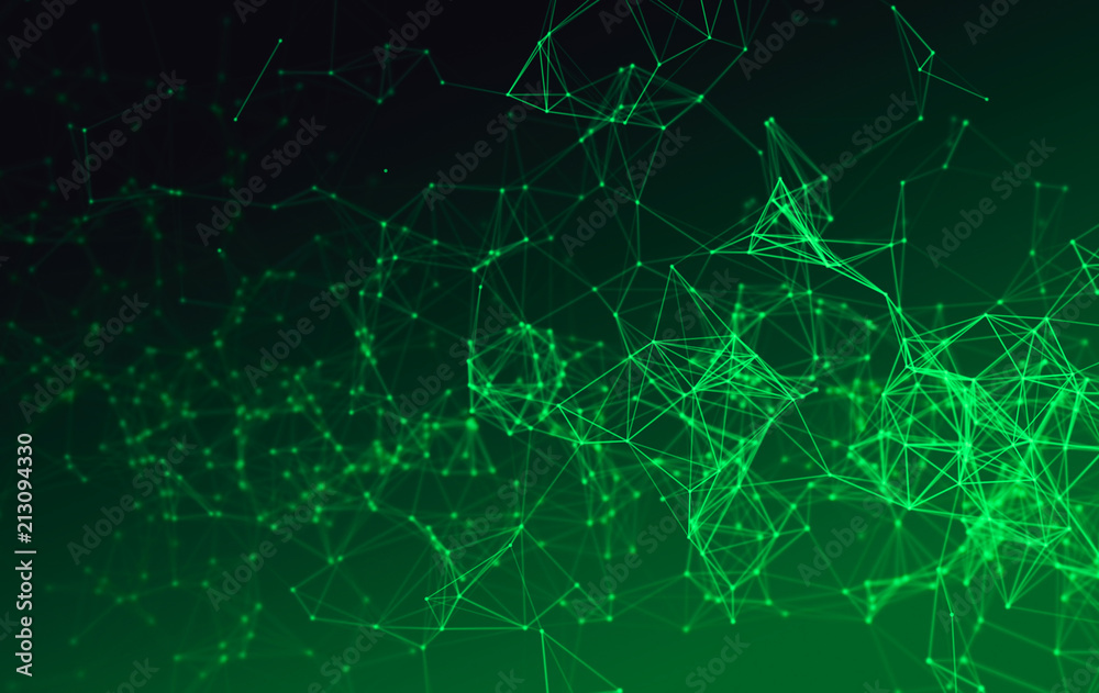Fototapete digital data and green network connection triangle lines for technology concept on black background,