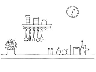 Kitchen worktop. Table top in the kitchen. Vector illustration in sketch style