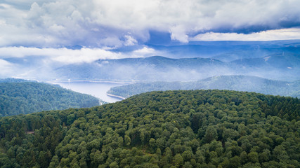 Beautiful natural scenery of river in green forest with mountains, aerial view drone shot, cloudy gloomy day