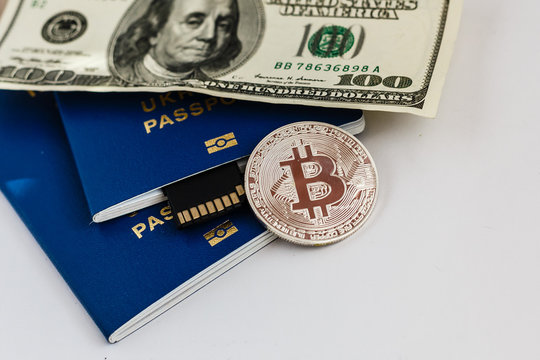 ukraine passports and bitcoin coin ukraine and cryptocurrency concept isolated on white - Powered by Adobe