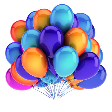 bunch party balloons colorful. birthday carnival decoration multicolored. happy holiday, anniversary greeting card design element. 3d illustration