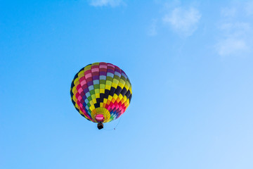 Hot air balloon under blue sky.