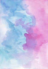 Blue and pink watercolor background. Candy colors abstraction. Aquarelle stains