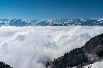 Pilatus mount, surround view, snow alps and fog