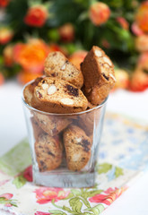 traditional Italian biscotti cookies with almonds and chocolate, selective focus