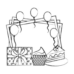 frame with sweet cakes and accessories of party