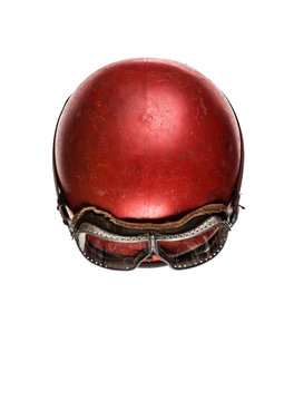 Old Red Racing Helmet On White Isolated Background