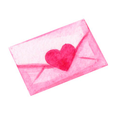 Watercolor hand drawn love envelope on isolated white background.