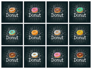 Set donut with different icing, glaze, stripes, sprinkles. Vector flat