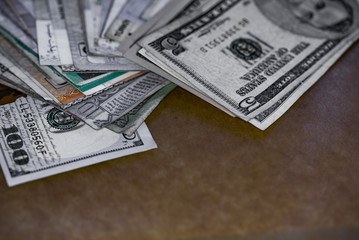 Varity of money currency banknotes and coins, world economy or financial concept, top down angle shooting, macro photography.