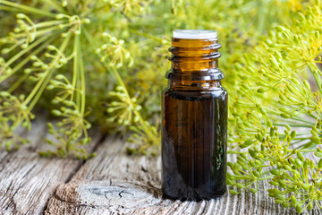 A bottle of dill seed oil with fresh blooming dill