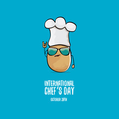 International chef day vector greeting card. vector funny cartoon tiny brown smiling chef potato with hat isolated on blue background.
