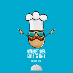 International chef day vector greeting card. vector funny cartoon tiny brown smiling chef potato with hat isolated on blue background.