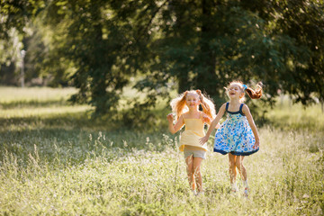 Naklejka na ściany i meble two beautiful young joyful jumping girls in the summer in the park