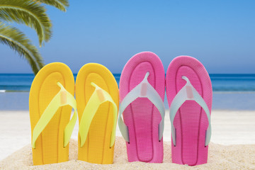 sandals on the beach, holiday and summer concept