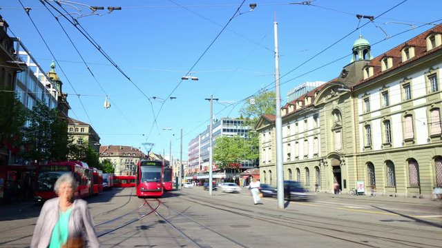 day light bern city center traffic street panorama 4k timelapse switzerland
