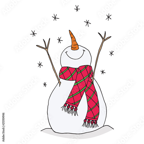 "Happy snowman looks up at snow falling from the sky ...