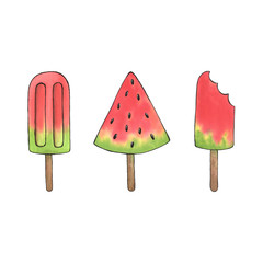 Watercolor watermelon ice cream illustration, isolated summer food organic fruit set