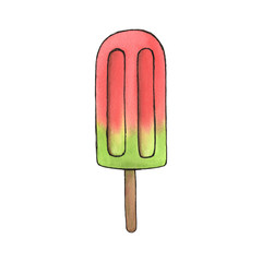 Watercolor watermelon ice cream illustration, isolated summer food organic fruit set
