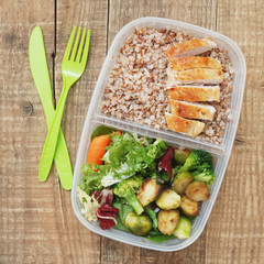 Lunch Box Healthy Food Take Away Plastic Container Buckwheat Salad Chicken Meat Brest Rustic Wooden Board Square Image