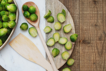 Healthy Food Brussel Sprout Cabbage isolated Rustic Wooden Background