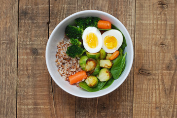 Healthy Diet Fitness Healthy Diet Buckwheat Egg Boiled Half Salad Brussele Cabbage Carrots Copy Space