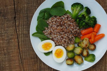 Healthy Diet Fitness Healthy Diet Buckwheat Egg Boiled Half Salad Brussele Cabbage Carrots Copy Space