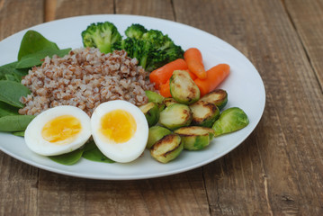 Healthy Diet Fitness Healthy Diet Buckwheat Egg Boiled Half Salad Brussele Cabbage Carrots Copy Space