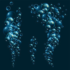 Underwater fizzing air bubbles stream on dark background. Fizzy sparkles in water, sea, aquarium. Effervescent drink. Undersea vector texture.