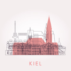 Outline Kiel skyline with landmarks. Vector illustration. Business travel and tourism concept with historic buildings. Image for presentation, banner, placard and web site.