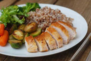 Dietetics Healthy Buckwheat Beef Meat Breast Chicken Chicken Salad Cabbage Brussels Carrots Rustic Wood Background
