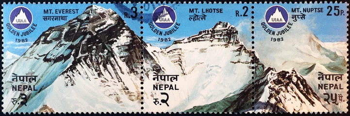Vitrage gordijnen Lhotse Mount Everest op postzegel van Nepal