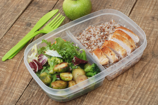 Lunch Box Healthy Food Take Away Plastic Container Buckwheat Salad Chicken Meat Brest Rustic Wooden Board