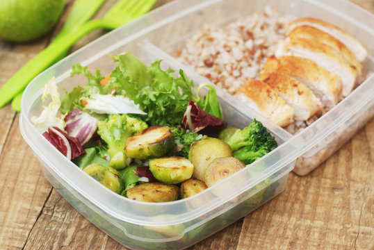 Lunch Box Healthy Food Take Away Plastic Container Buckwheat Salad Chicken Meat Brest Rustic Wooden Board