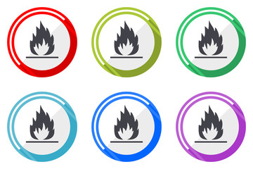 Flame vector icons, set of colorful flat design internet symbols on white background