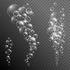 Underwater fizzing air bubbles stream on transparent background. Fizzy sparkles in water, sea, aquarium. Effervescent drink. Undersea vector texture.