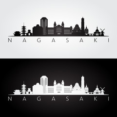 Nagasaki skyline and landmarks silhouette, black and white design, vector illustration.