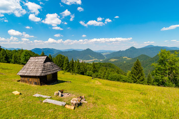 Shelter cabin hut with view to valley, Velka Fatra, Western Carpathians, Slovakia © Jan