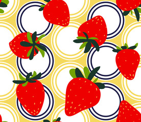 Strawberries seamless pattern. Red strawberry with green leaves on abstract geometric background. Trendy freehand drawing illustration