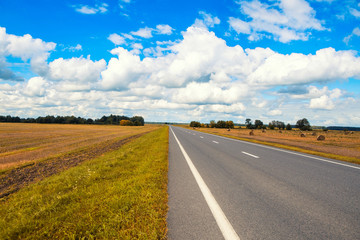 Beautiful and sunny road landscape with sky clouds and yellow fields