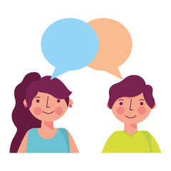 young couple together with speech bubble