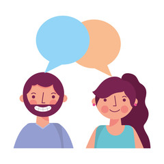young couple together with speech bubble