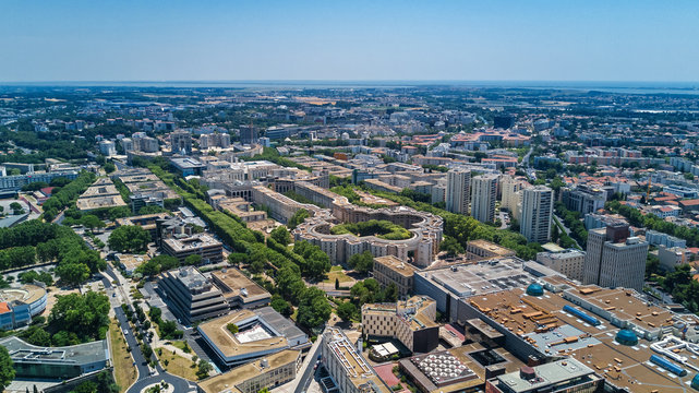 Aerial top view of Montpellier city skyline from above, Southern France
