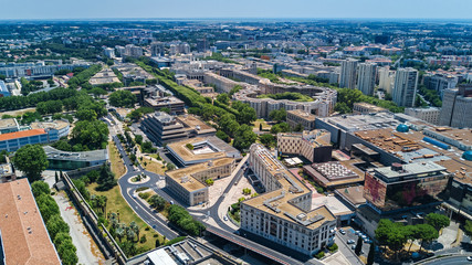 Aerial top view of Montpellier city skyline from above, Southern France
